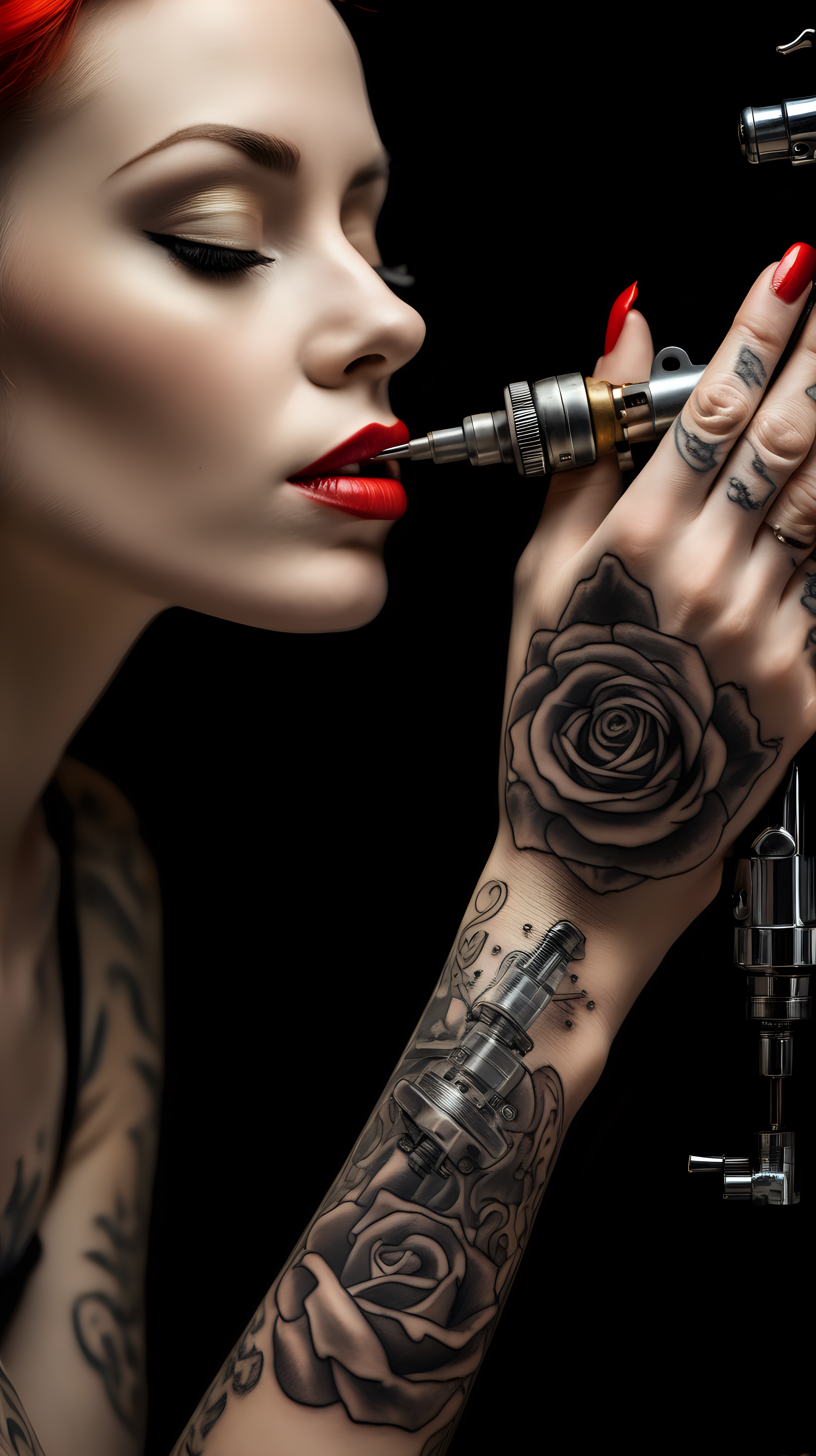 /imagine prompt : An ultra-realistic photograph captured with a canon 5d mark III camera, equipped with an macro lens at F 5.8 aperture setting, The camera is directly in front of the subject, capturing a vintage classic tattoo machine /describe : a pattern of the skull is engraved on golden tattoo grip , grabbed by a hand wearing black nitrile gloves . A beautiful woman whose only lips are visible in the picture is sensually kissing the needle of the tattoo machine with her very red lips.
the hand is blurred and the focus sets on tattoo machine .
Soft spot light gracefully illuminates the subject and golden grip is shining. The background is absolutely black , highlighting the subject.
The image, shot in high resolution and a 16:9 aspect ratio, captures the subject’s  with stunning realism –ar 9:16 –v 5.2 –style raw
