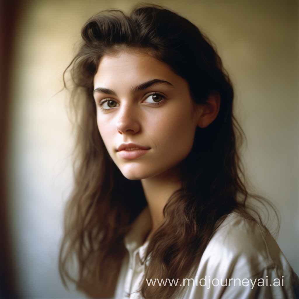 Erstelle ein fotorealistisches halbtotales Portrait Bild eines 25-jährigen brünetten Models, das mit Kodak Gold 400 Film aufgenommen wurde. Sie soll sich dabei in einem Museum befinden