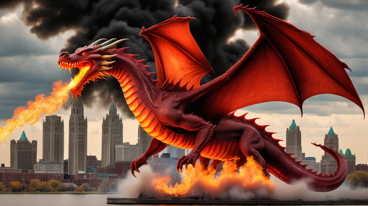 fire breathing dragon destroying 1900's Detroit skyline