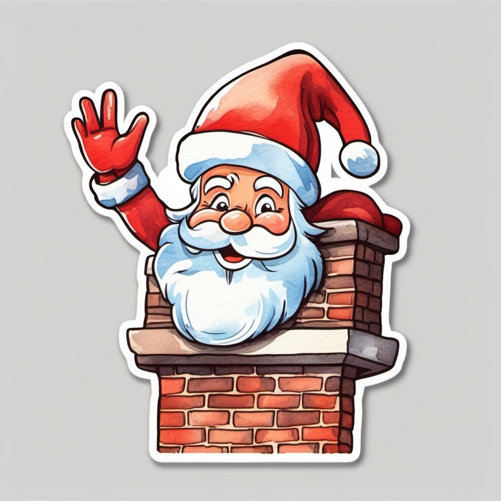 Sticker, Jolly Santa Claus Waving from a Chimney, 
watercolor clipart, vector image, flat white background