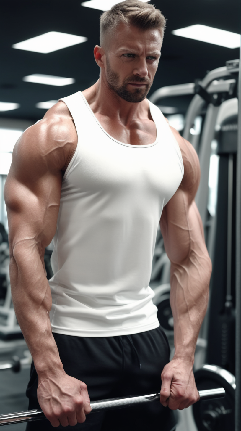 man in the gym working out with a white top on looking muscular 4k