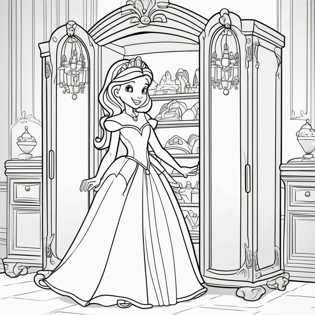 coloring pages for young kids, princess getting ready in front of a royal closet inside a castle,cartoon style, thick lines, low detail, no shading  