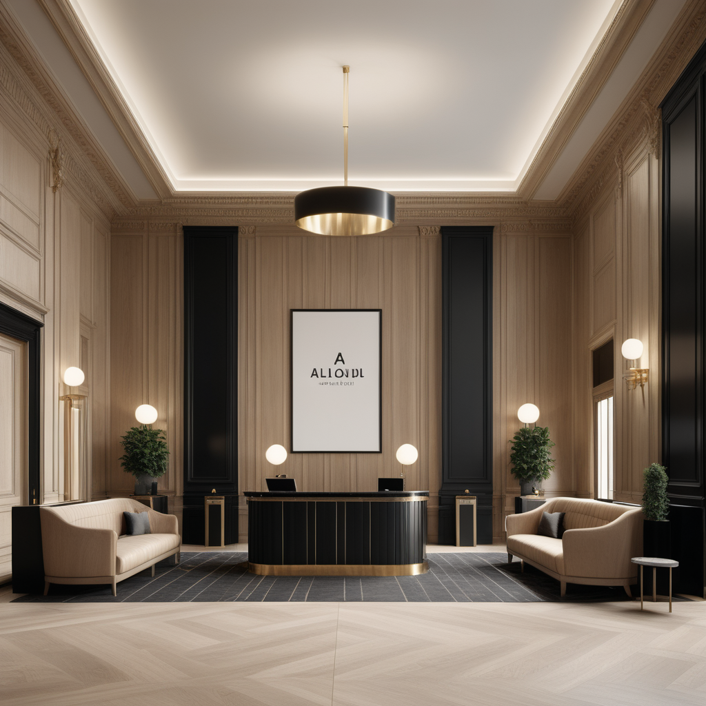 A hyperrealistic image a grand Modern Parisian hotel lobby in a beige oak brass and black colour palette with a waiting area and a check-in desk
