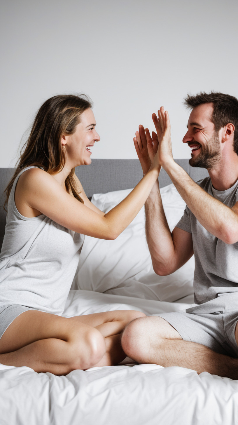 man and woman sitting in bed looking very happy and content high fiving eachother