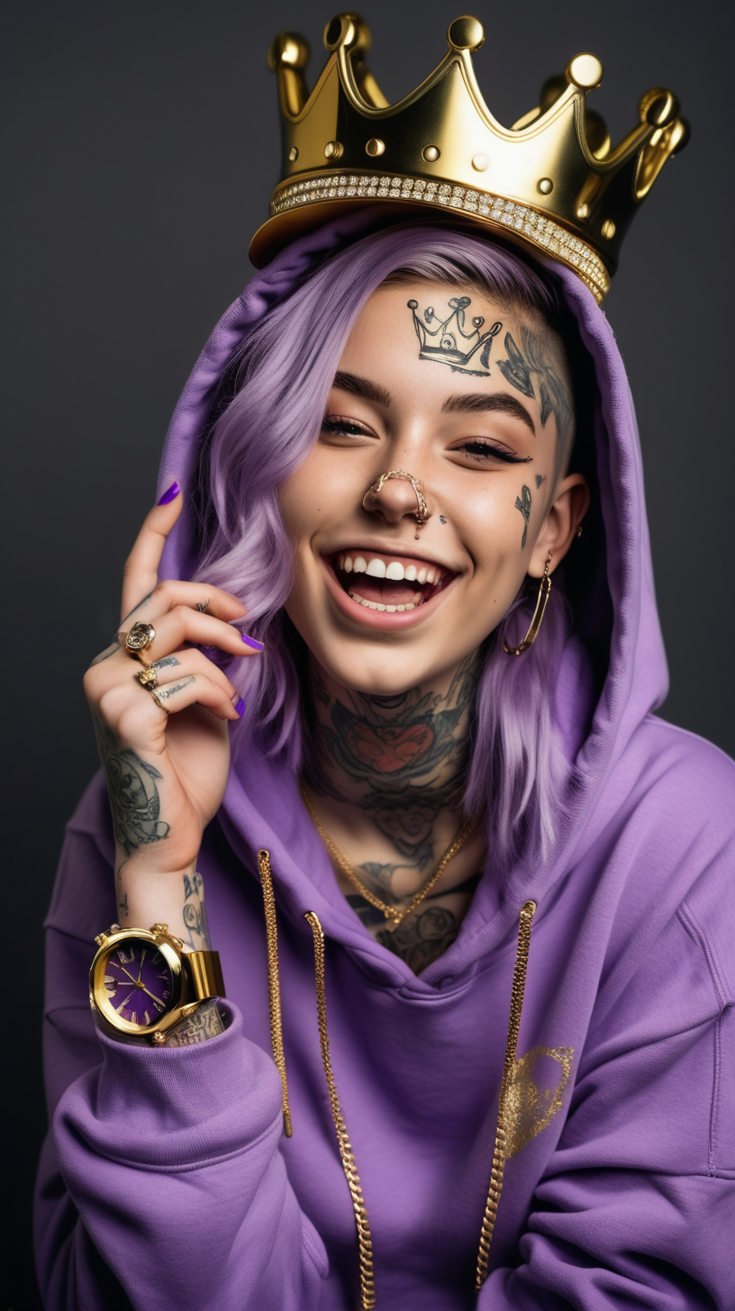 pretty girl with face tattoos, wearing purple hoodie, holding a vape, laughing, wearing a gold watch, gold chains, and a crown
