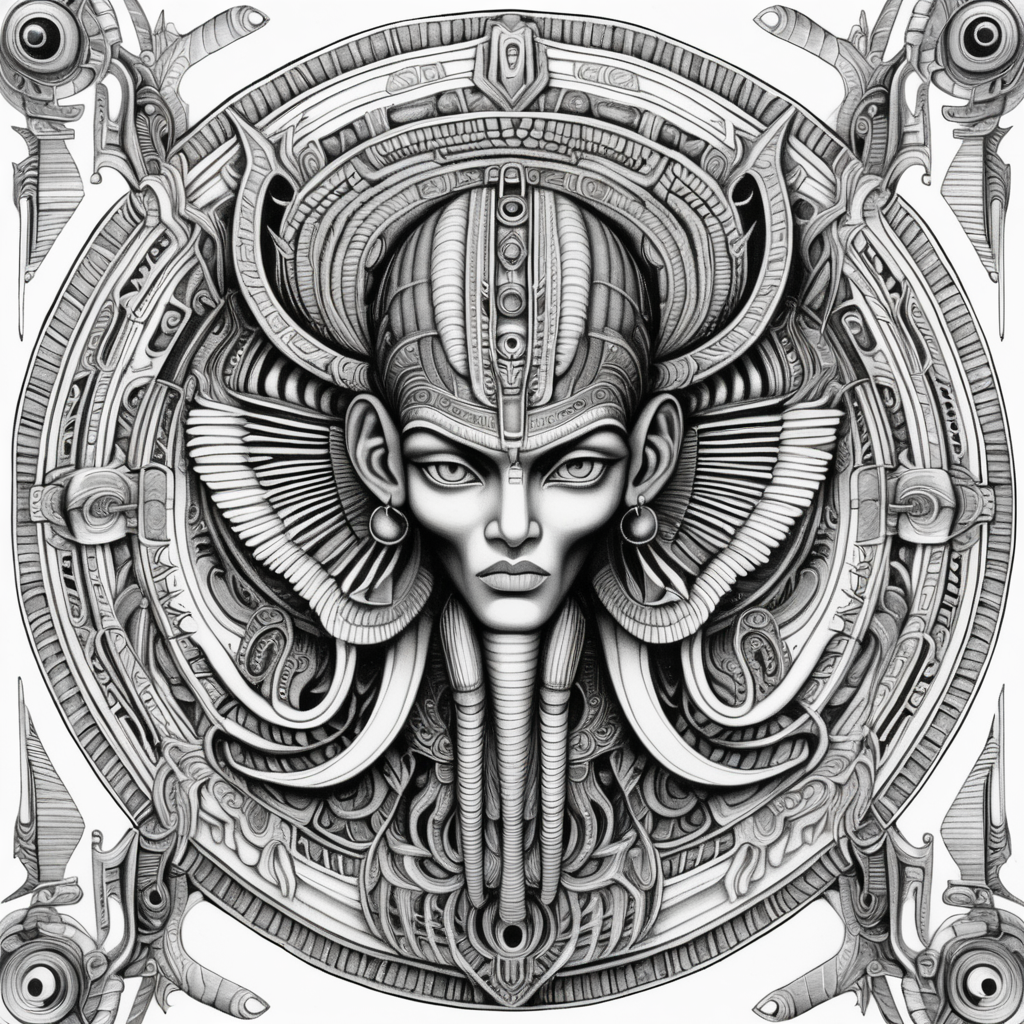 black & white, coloring page, high details, symmetrical mandala, strong lines, Egyptian god with many eyes in style of H.R Giger