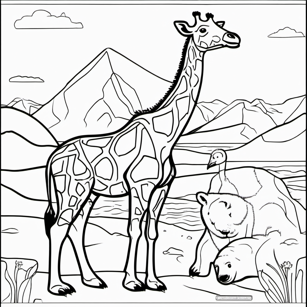 /imagine colouring page for kids, Giraffe Arctic Adventure polar bears and penguins in icy landscapes, thick lines, low details, no shading --ar 9:11