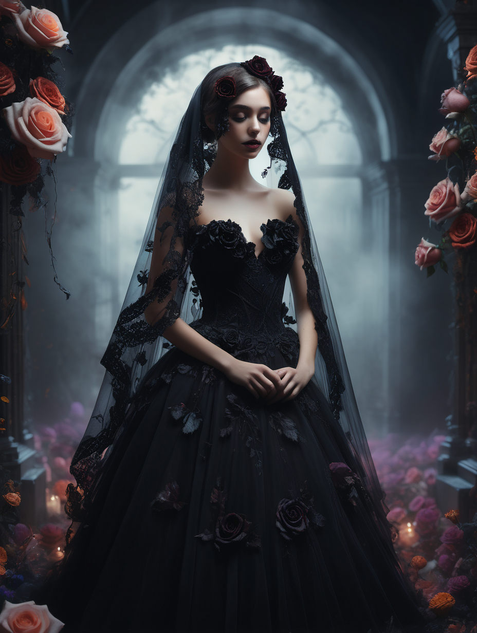 a girl, ((black wedding dress, black wedding veil, black rose, a lot of flowers around)), otherworldly hues, surreal landscapes, dark fantasy art, art-station, a lot of fog around, ethereal glow, vibrant colors, (ghostly effect:0. 8), masterpiece, perfect anatomy, 32k UHD resolution, best quality, highly details, realistic photo, professional photography, cinematic view, cinematic angle, octane render, <lora:more_details:0. 3>, portrait, looking at viewer