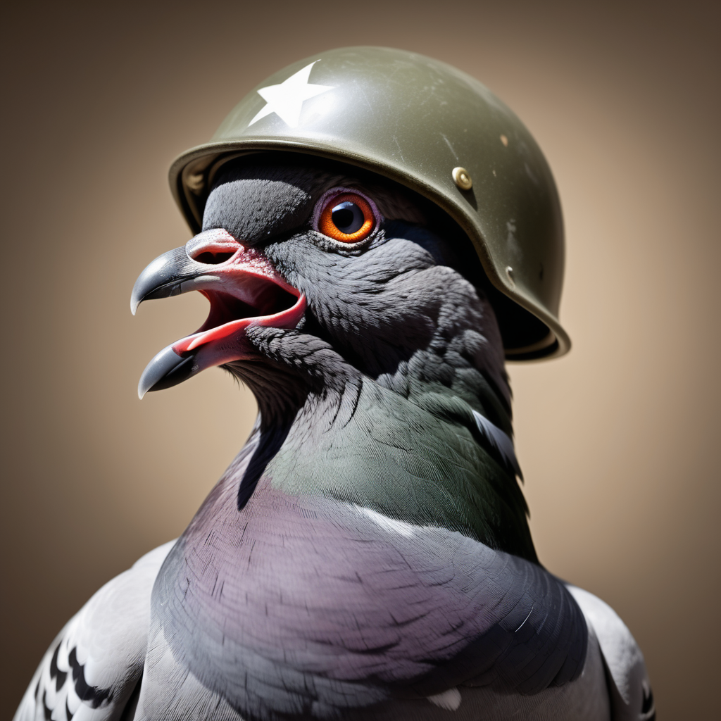 a crazy pigeon squawking wearing an american world war two army helmet