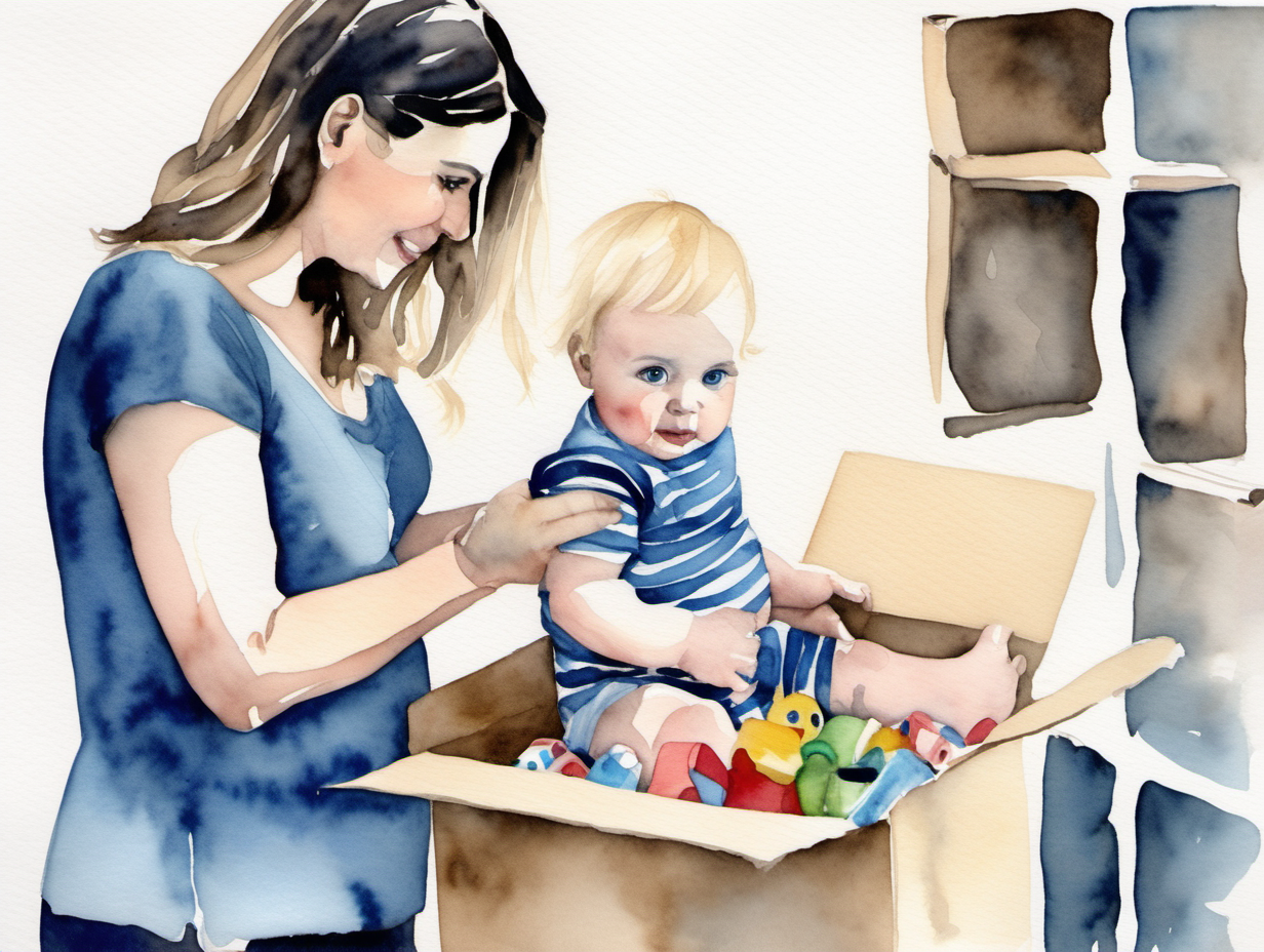 A water Colour painting of a dark-haired, blue eyed mum with a blond 1yr old baby they are packing boxes of toys
