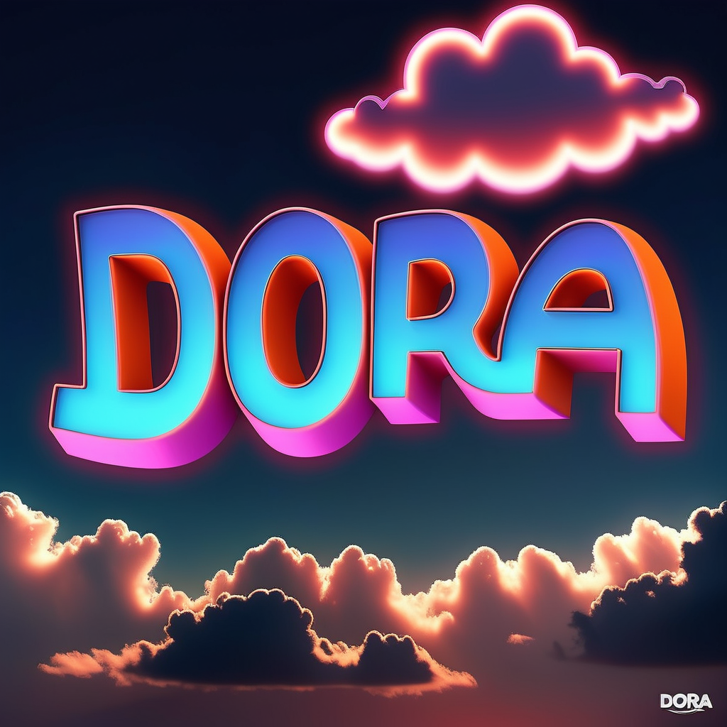 spell out the name "DORA" in neon lights in the sky with clouds without a cartoon character no picture no image