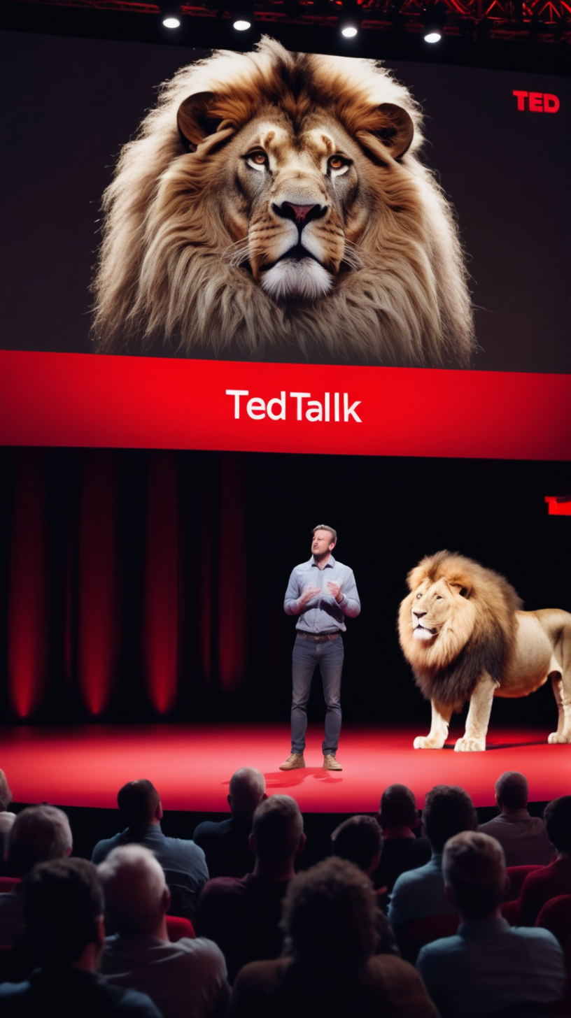 man at a ted talk talking about lions mane in front of a big audience 4k