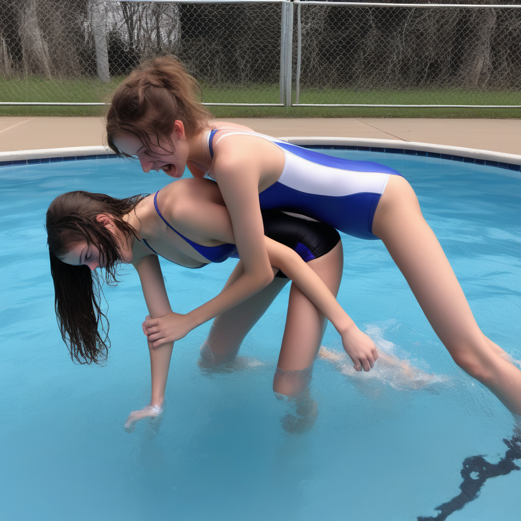 18 year old slim girls wrestling in a pool wearing swimsuits