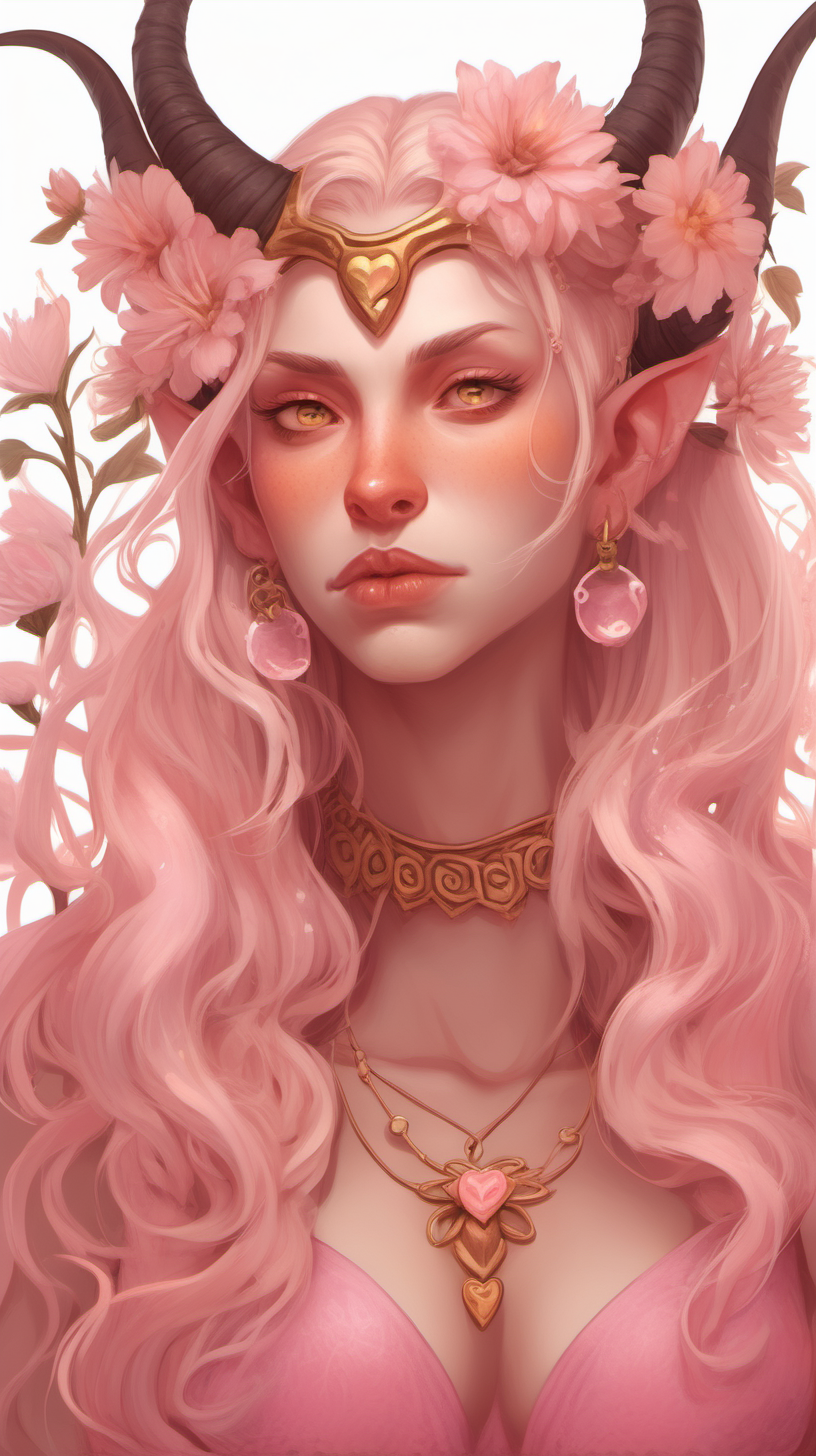 Tiefling woman with pink skin. She has white horns that meet at the top of her head to form a heart. She has light pink eyes. She has light blonde eyelashes. Her eyelashes are not black. She has blonde long hair with a orange tint. She is wearing a pink Greek-style dress with lots of flowers. She is wearing gold jewelry. She is holding a bouquet of pink flowers. She has an annoyed expression. 
