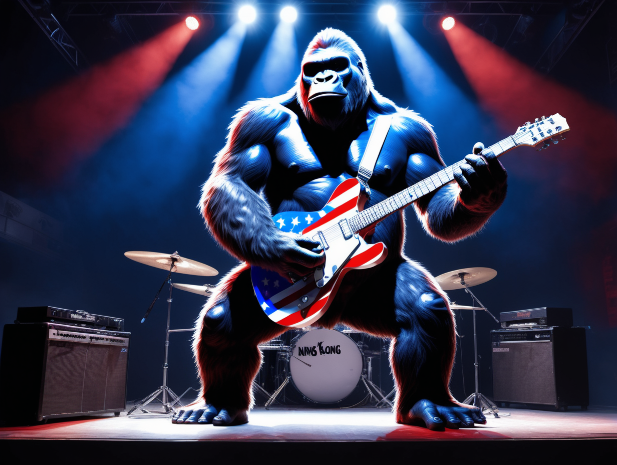 King Kong playing red white and blue guitar on a night club stage with spotlight