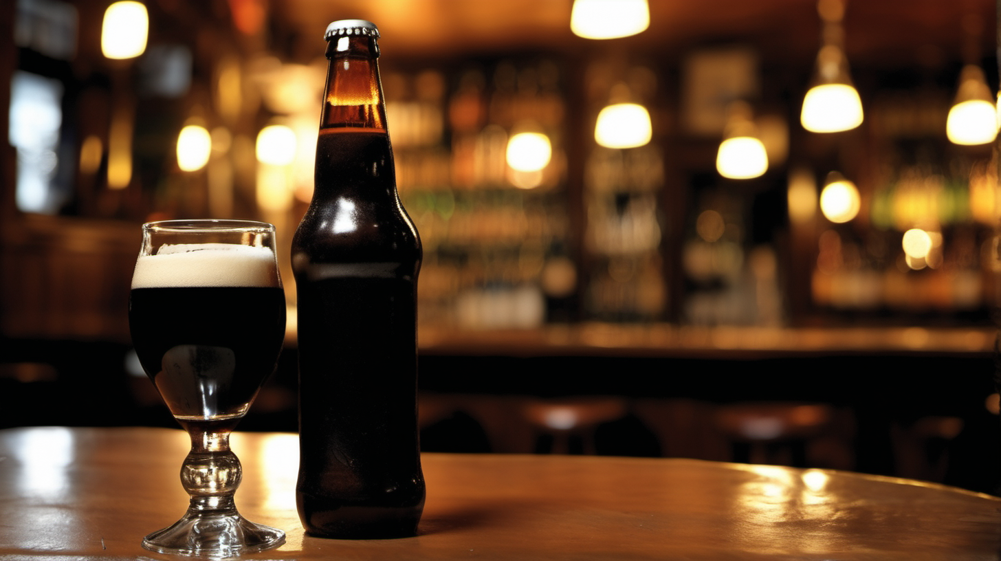 bottle of dark beer and glass in a 
pub setting
