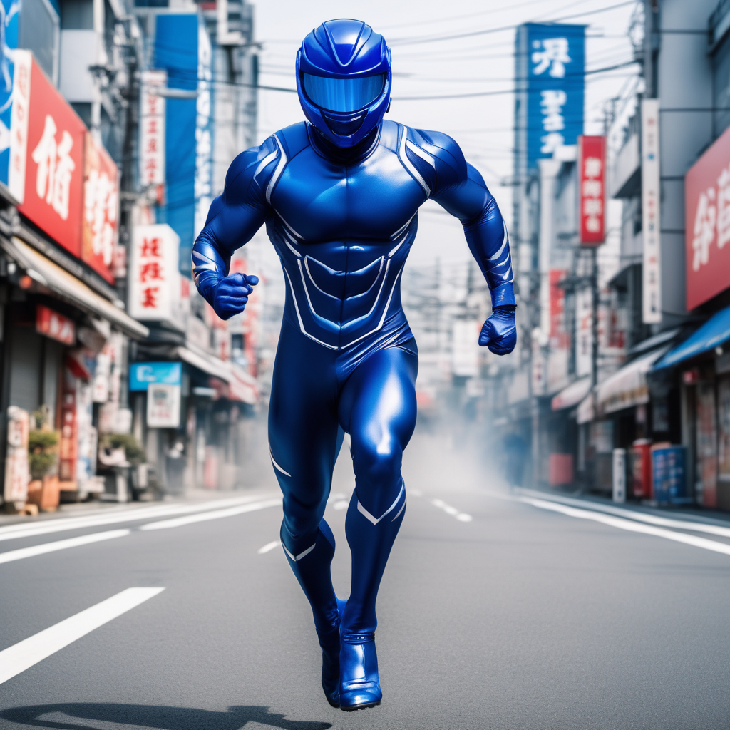 muscular man, full body dark blue skintight suit, closed sentai helmet with visor, high speed sprinting, shooting blue energy blast, street, Japan, day