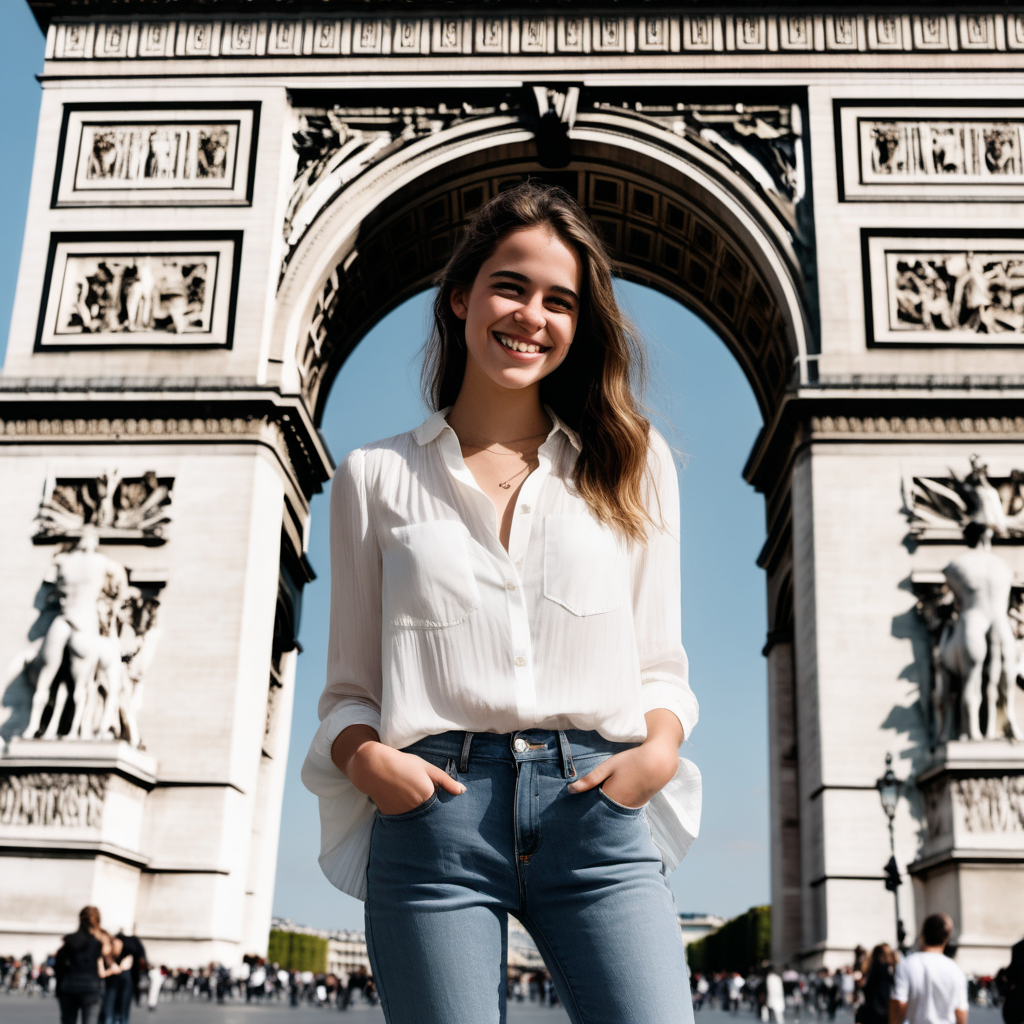 A smiling Emily Feld dressed in a long white blouse and jeans standing in front of the Arc de Triomphe