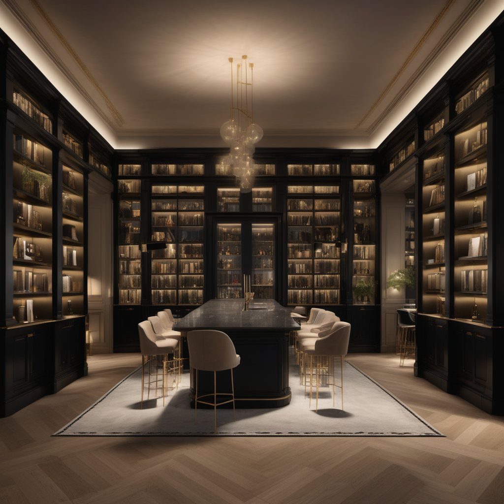 a hyperrealistic grand modern Parisian open plan library and Bar at night with mood lighting, floor to ceiling windows and doors opening to the patio,  in beige, oak, brass and black
