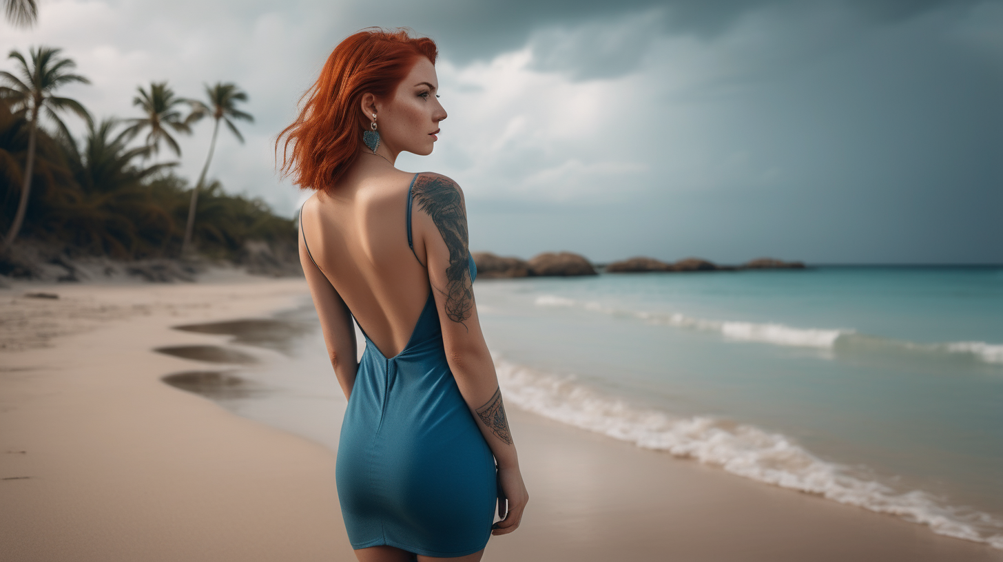 the photo is taken in a tropical beach. Only one girl is standing, She has her back to the camera and turns her head looking towards the camera. The girl is wearing a short blue alluring dress that reveals her body curves, redhead straight hair, she has a nose piercing and a wolf tattoo on her back. She is looking back at the viewer with a sugestive look (almost inviting us to be there). The lighting in the portrait should be dramatic. Sharp focus. A perfect example of cinematic shot. Use muted colors to add to the scene.