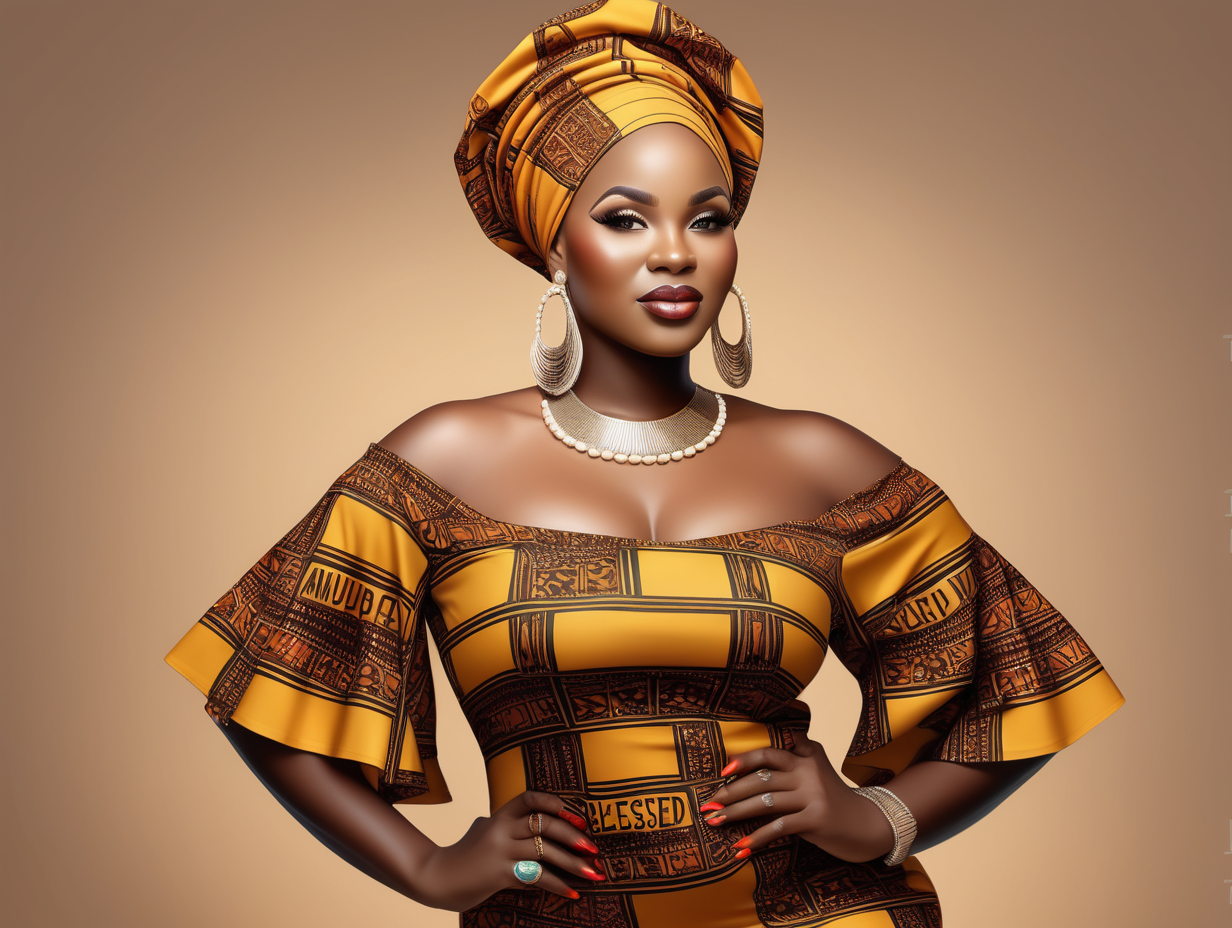 A realistic image  full body of a curvy nubia skin black woman with super medium short cut hair wearing african dress and head gele  With the words AM BLESSED in the back ground  wearing heels 