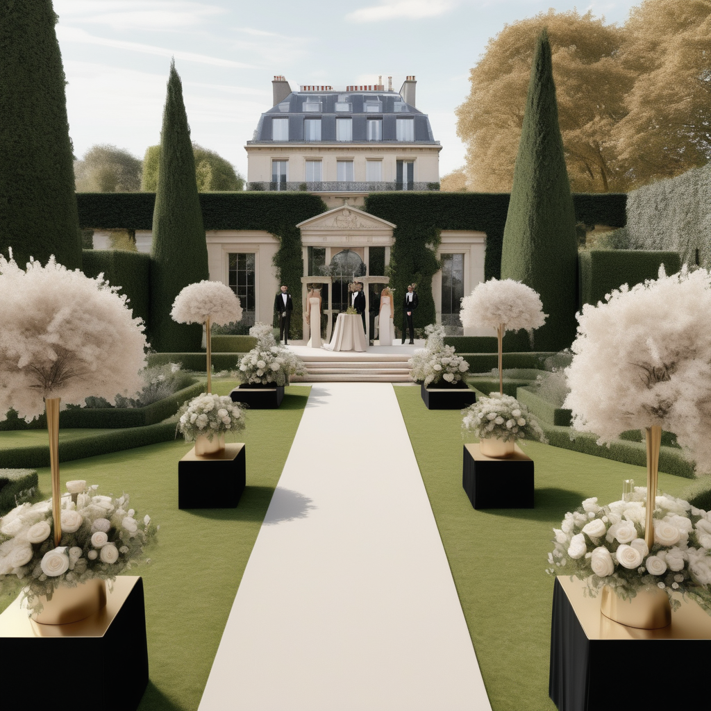 a hyperrealistic image of a grand Modern Parisian  wedding in a large open garden in a beige oak brass and black colour palette surrounded by beautiful open gardens