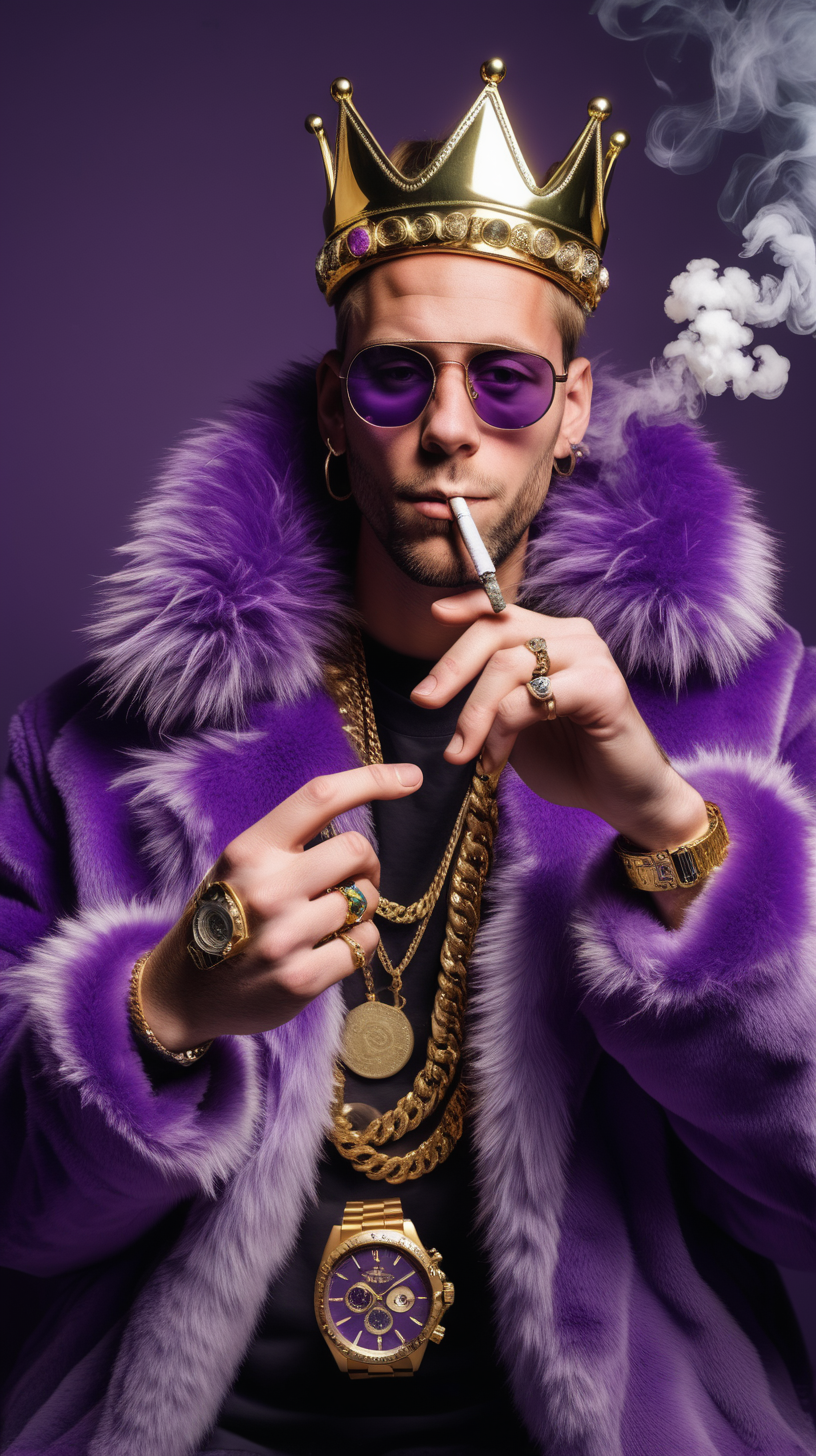 Mans,  hand with lots of big golden rings, bracelets and watch holding up a joint between his fingers, smoke billowing out, he is wearing a purple faux fur jacket. wearing crown, holding marijuana cigarette