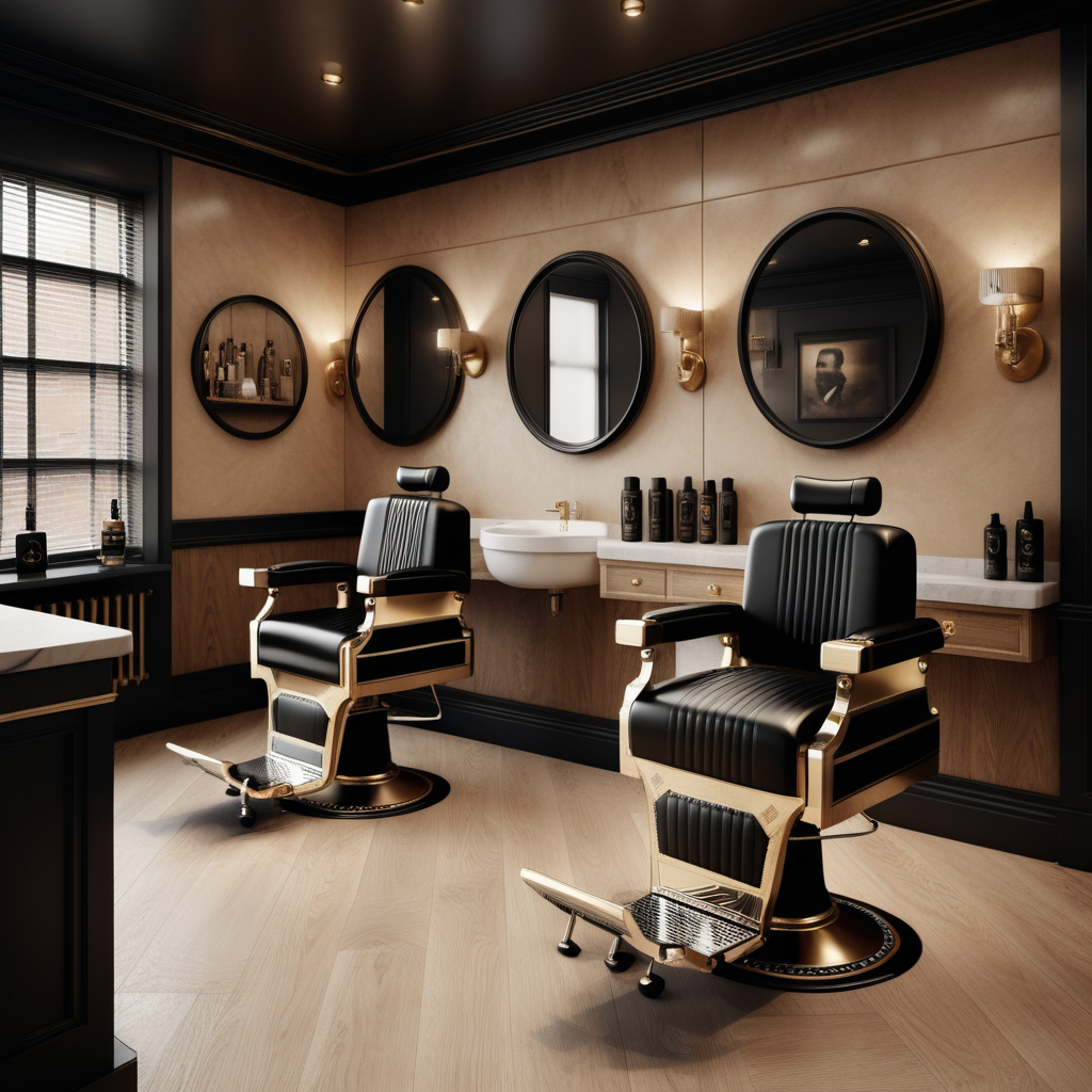 hyperrealistic image of an elegant barbers interior in a beige, oak, brass and black colour palette