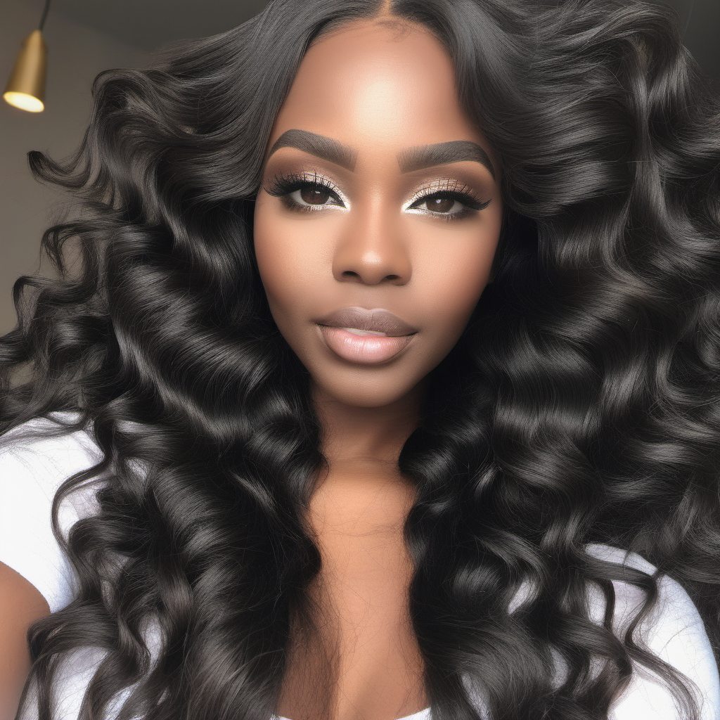 pretty black woman with makeup on who looks like a model showing off her long wavy bundles of hair
