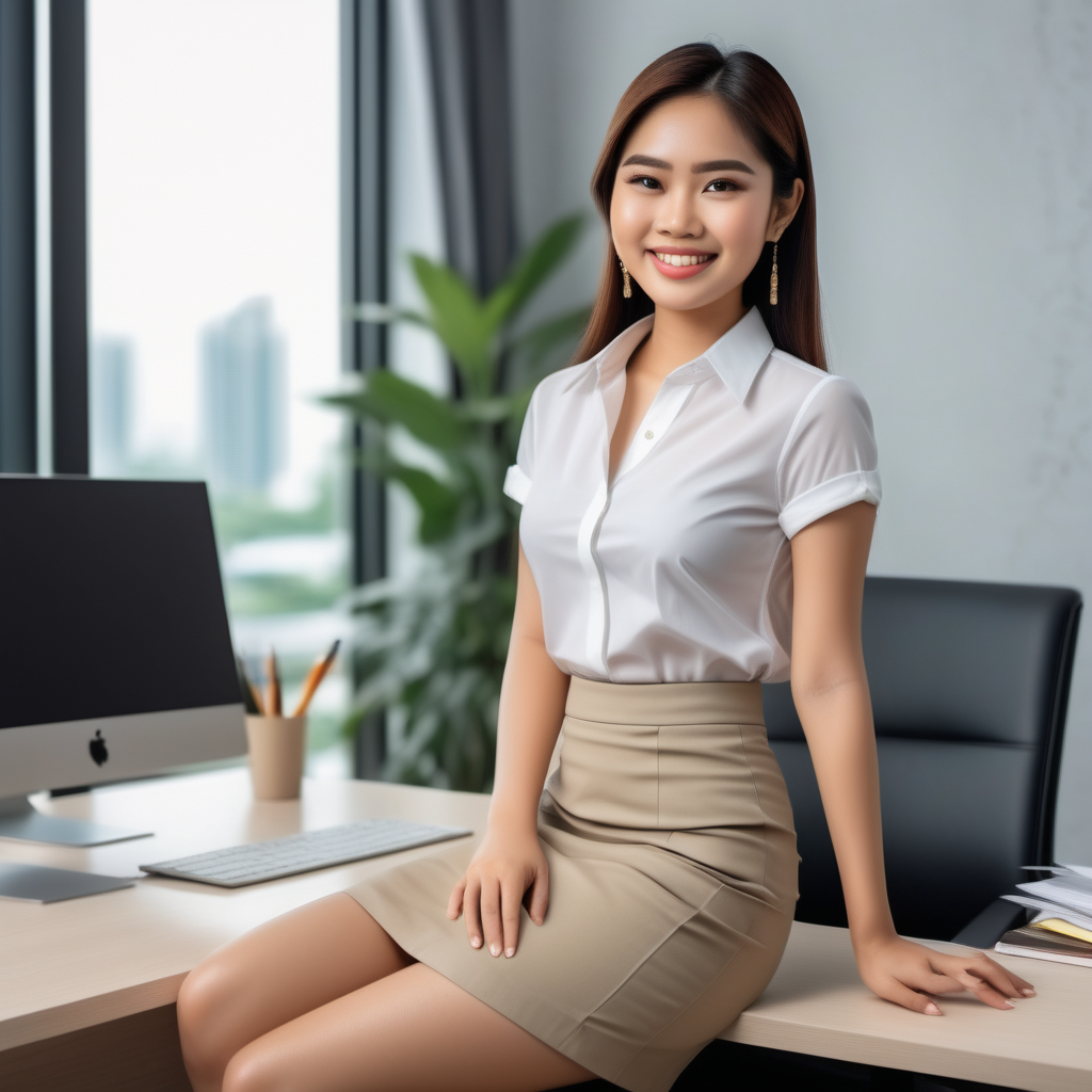 สาวไทยหน้าตาสวยคม นั่งยิ้มสดชื่นบนโต๊ะทำงาน ใส่ชุดออฟิศทันสมัย กระโปรงสั้น อายุ 24 ปี ส่วนสัด 32-24-34 , ultra realistic, 18k
