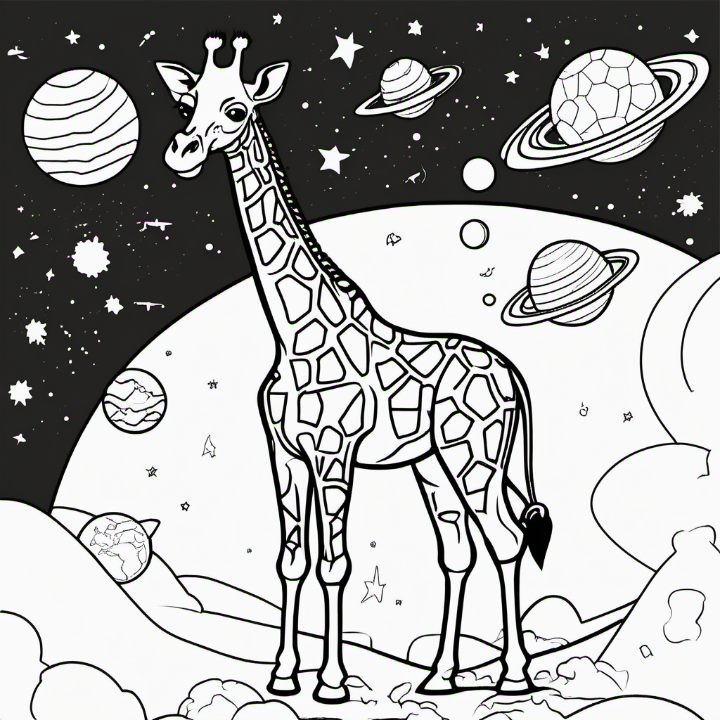 /imagine colouring page for kids, Giraffe in space, thick lines, low details, no shading --ar 9:11