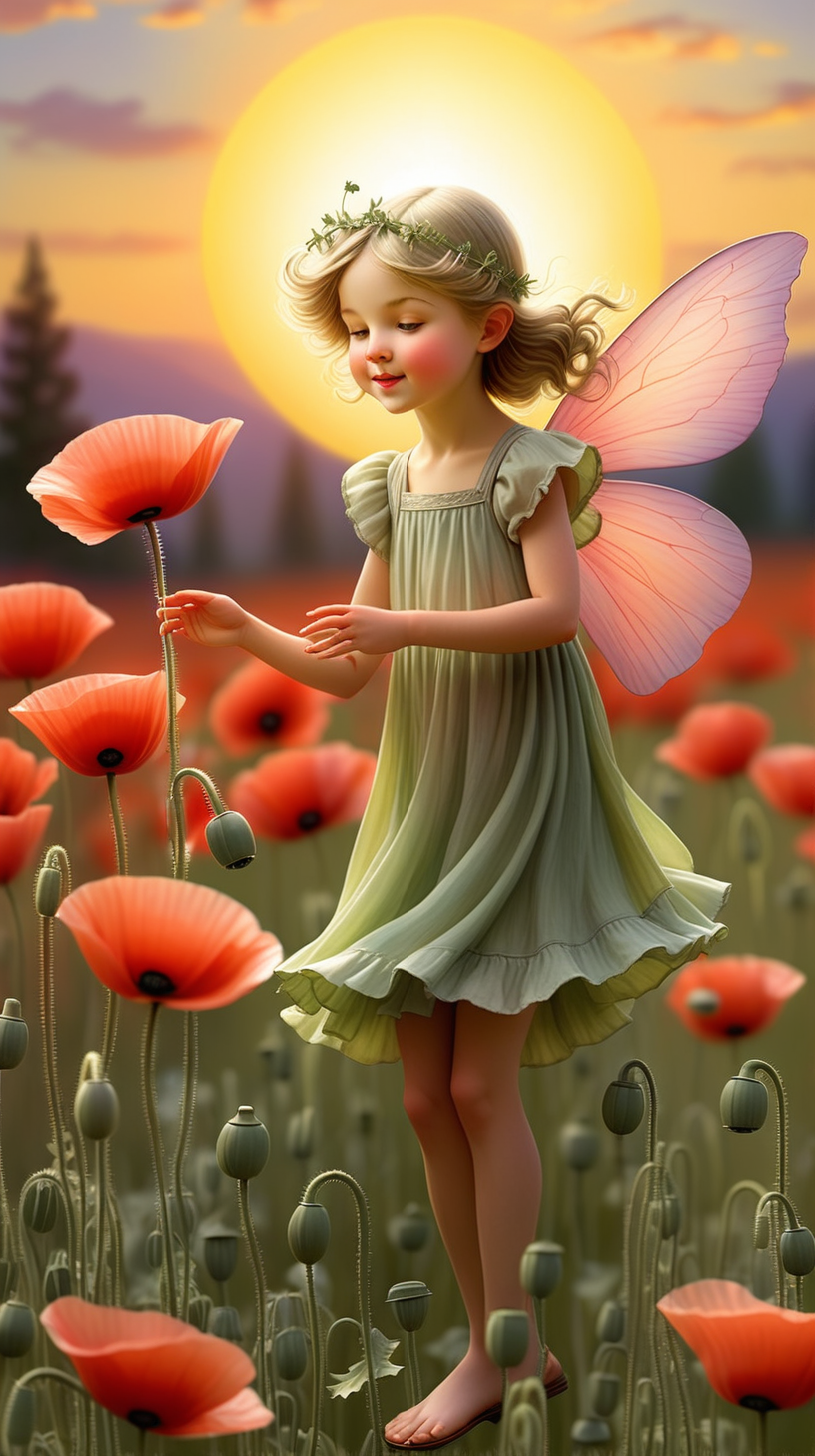 Envision a fairy standing in a poppy field as the sun sets, radiating warmth and vibrant colors, echoing the captivating spirit of Cicely Mary Barker's illustrations.