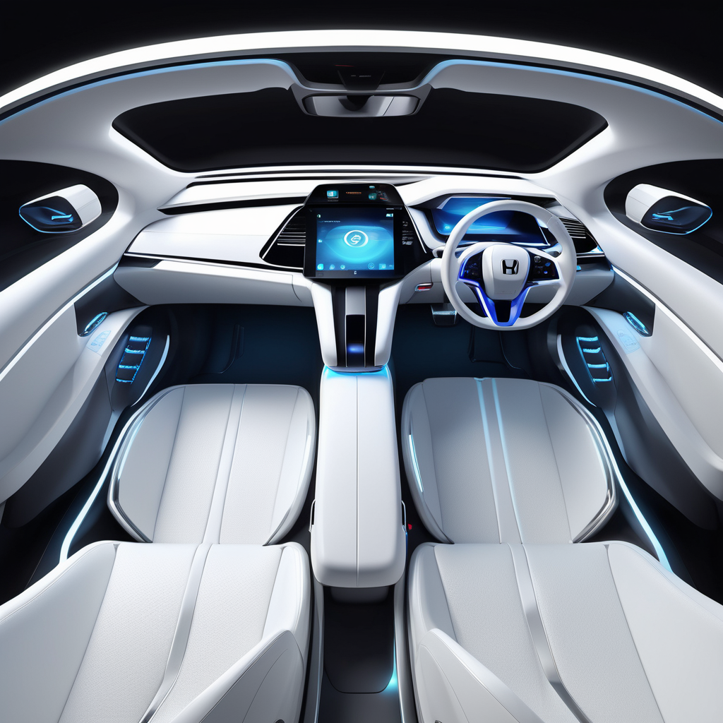 Realistic EV car, ambient light, Interior design, top view , front to rear seat, elegant  2030, Futuristic Honda car, White steering wheel, Big space, Ambient light, connected trim line.