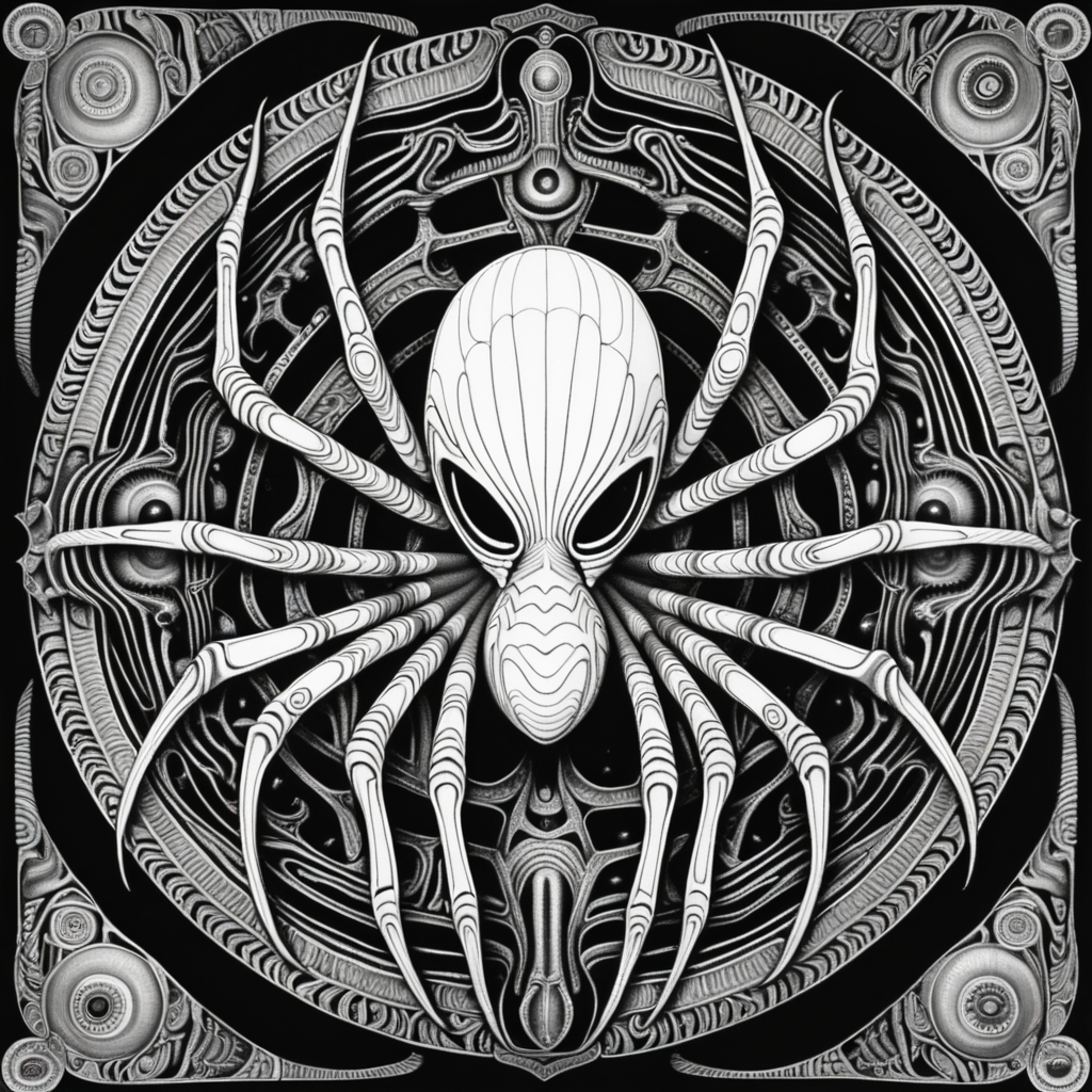 black & white, coloring page, high details, symmetrical mandala, strong lines, alien spider with many eyes in style of H.R Giger