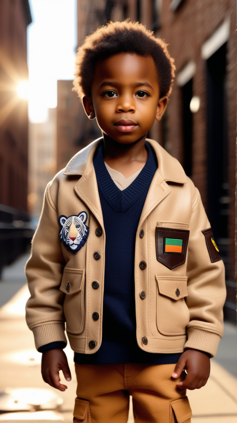 A cute, young little black boy , wearing a Navy, leather safari jacket, with one African flag patch on the center back, Beige V Neck sweater, wearing Brown corduroys, standing in Brooklyn, holding a small, toy tiger, 4k, realism, high definition clarity, brilliant early morning sunshine background