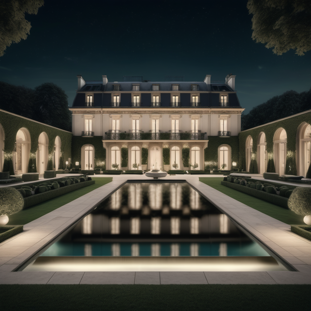 hyperrealistic image of a grand modern parisian estate pool at night; mood lighting; lush sprawling lawn and gardens; beige, ivory and black;
