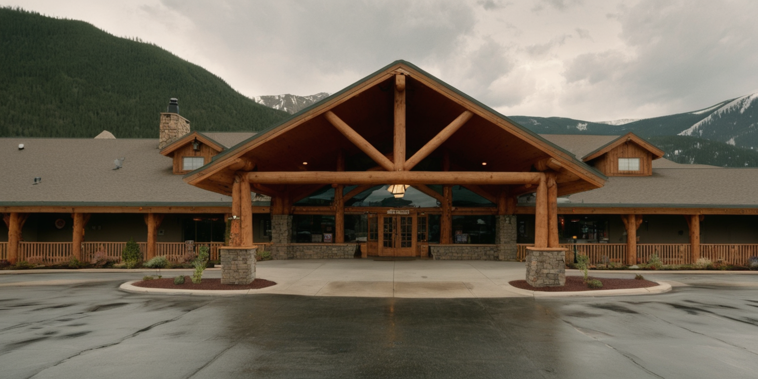 Front-facing view of exterior front entrance of a large, rustic mountain resort with an awning. Mountains in the background and the weather is cloudy with sunspots. 