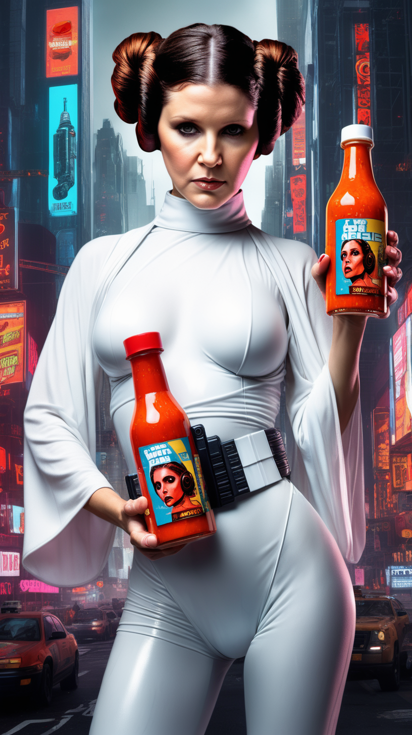 sexy princess leia with hot sauce on cyberpunk