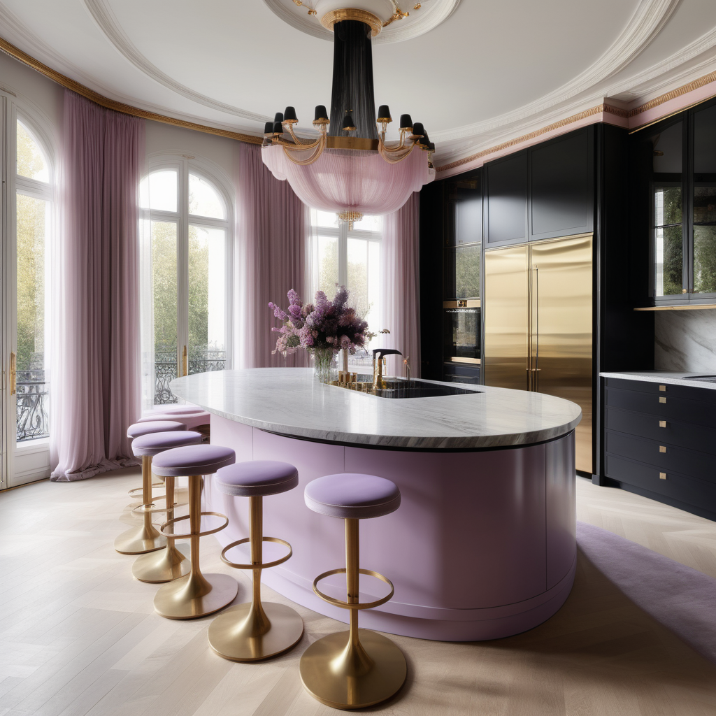 hyperrealistic image of large modern Parisian kitchen with island, floor to ceiling windows, curves, black, ivory, pink, lilac and brass colour palette, brass chandelier, sheer curtains