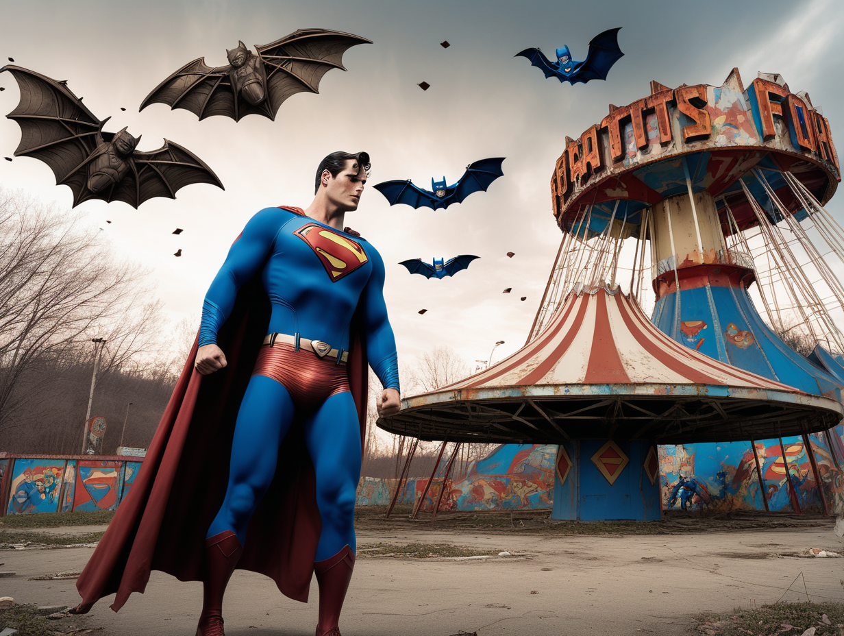 Superman fights the Fantastic Four in an abandon amusement park with bats flying overhead