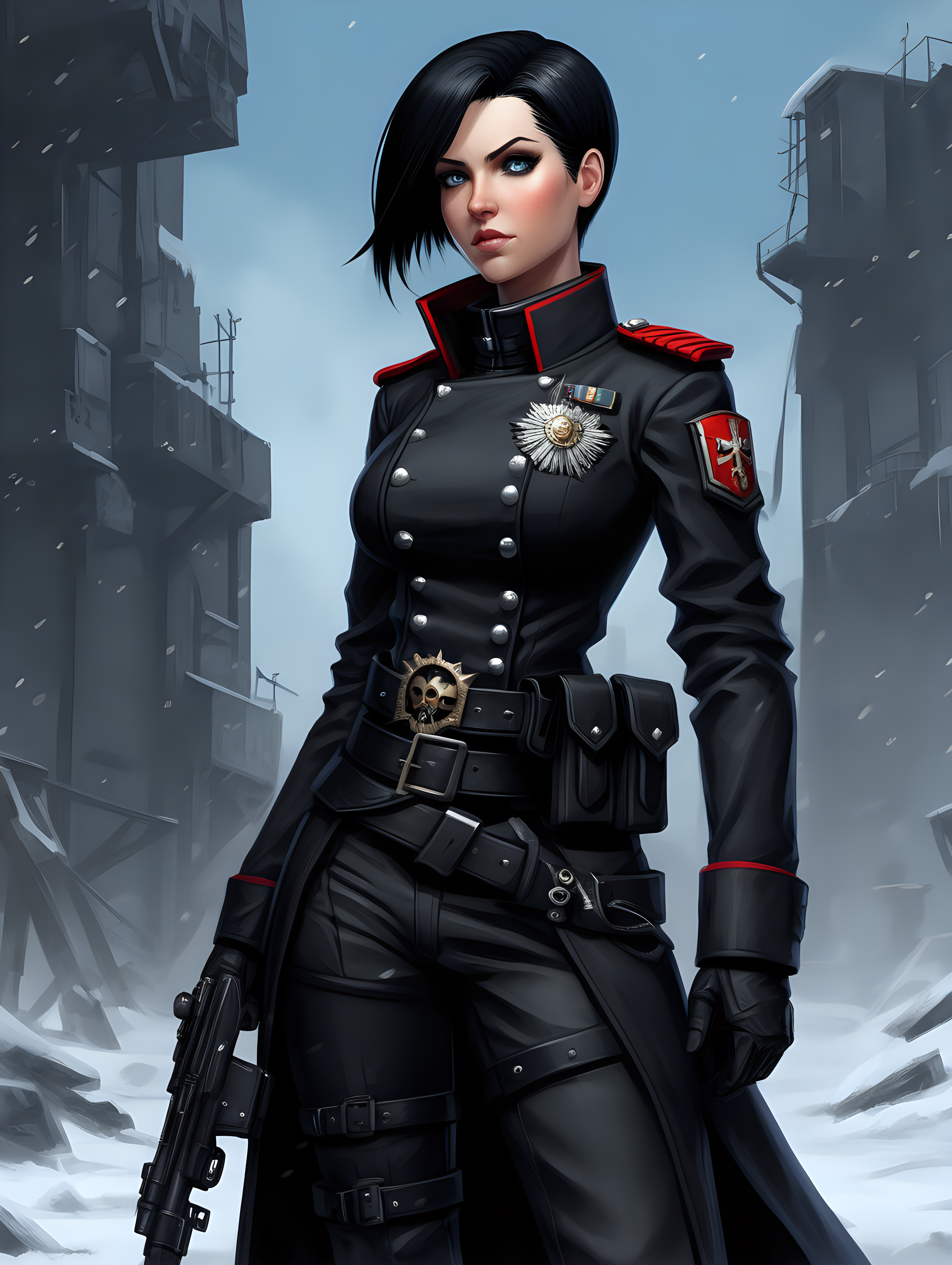 Warhammer 40K young Commissar woman. She has an hourglass shape. She has raven black hair. She has a very short hair style similar to what Maya, from Borderlands 2, has. Dark black uniform. Belt has a lot of pouches, grenades, black pistol magazines, and a black holster attached. Bandolier around waist. Her dark black uniform jacket fits perfectly, fully closed and a single line of buttons. She has a lot of eye shadow. Background scene is snowy trench line. She has icy blue eyes. 