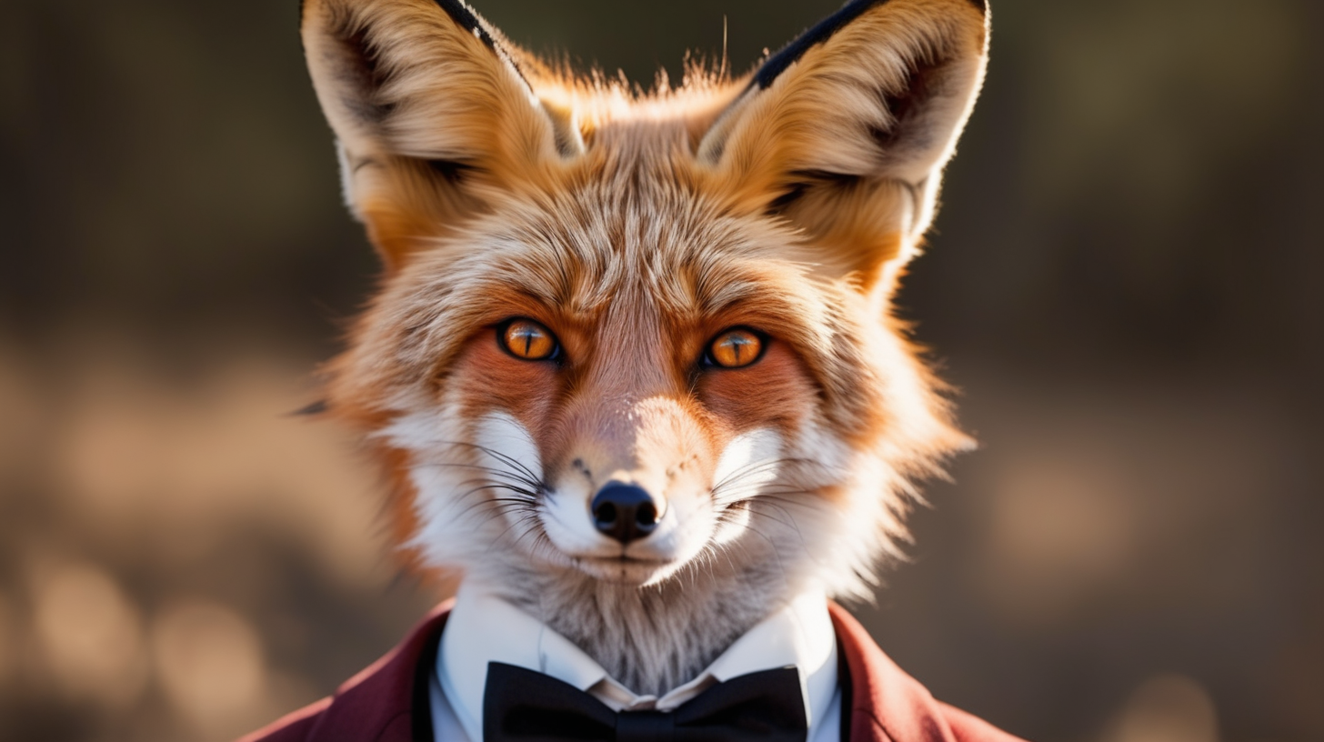 Zoom in on face of a handsome fox gentleman with pointy ears.