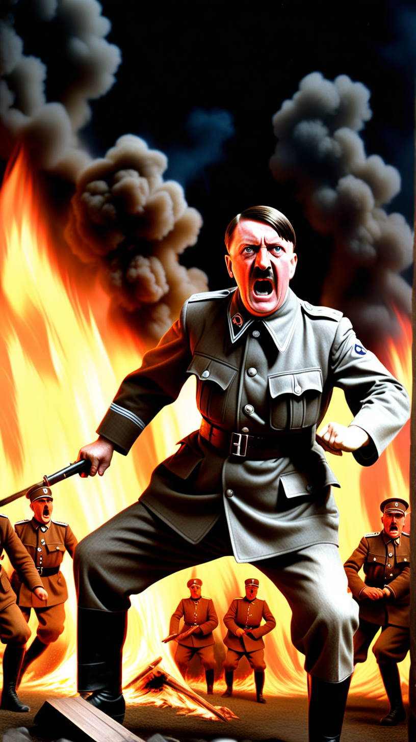adolf hitler aggressively fights his soldiers let the image be surrounded by darkness and fire
