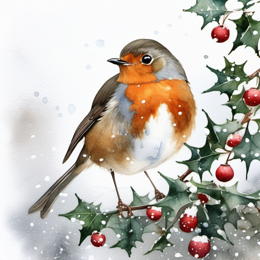 watercolour robin sitting on holly bush, on white background, falling snow, natural colour palette, soft focus, pine branch behind