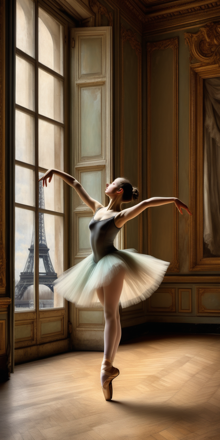 effet toile ancienne, style Degas, danseuse sur pointe, fenêtres opéra de Paris en arrière plan, parquet ancien