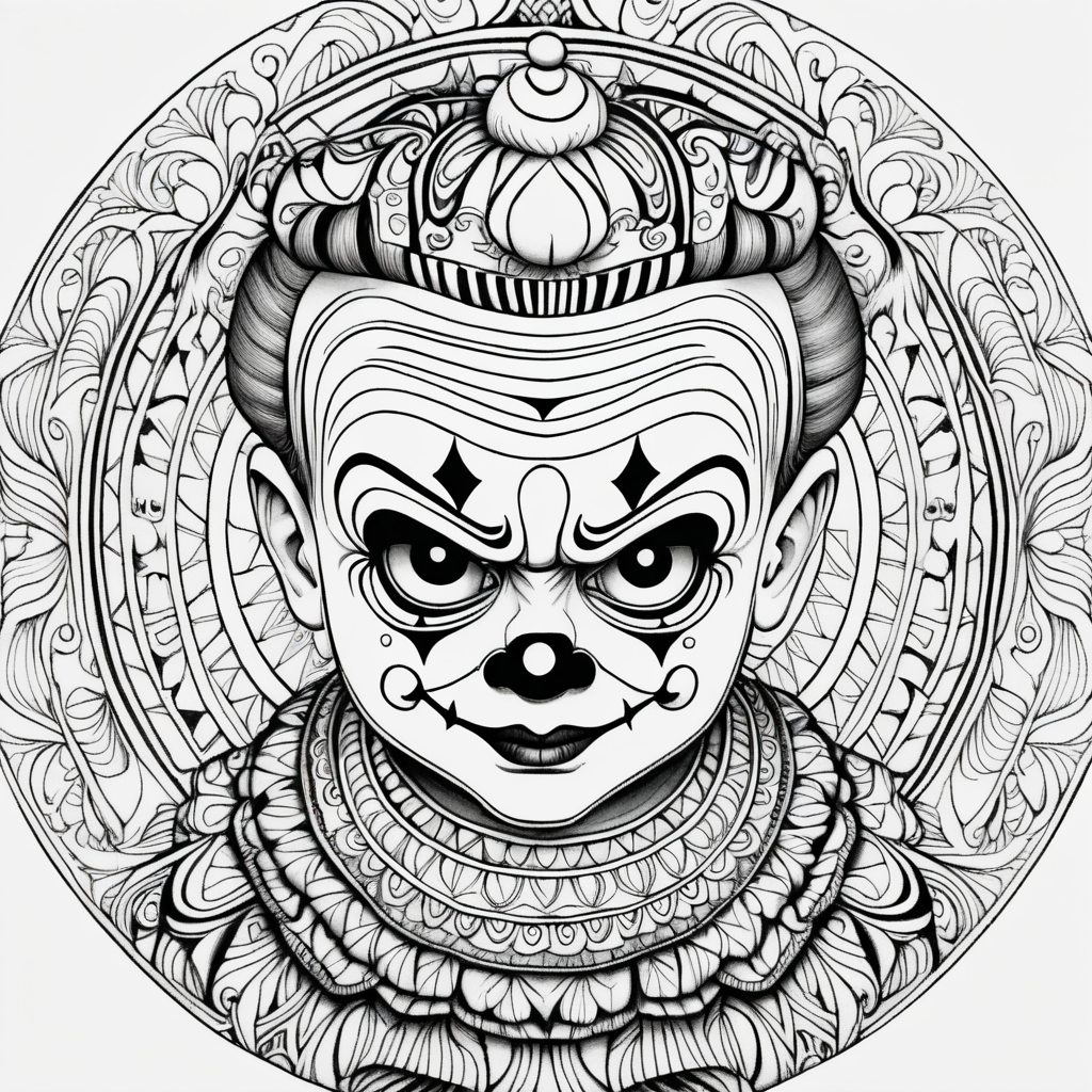 adult coloring page, black & white, strong lines, high details, symmetrical mandala, evil little boy clown 