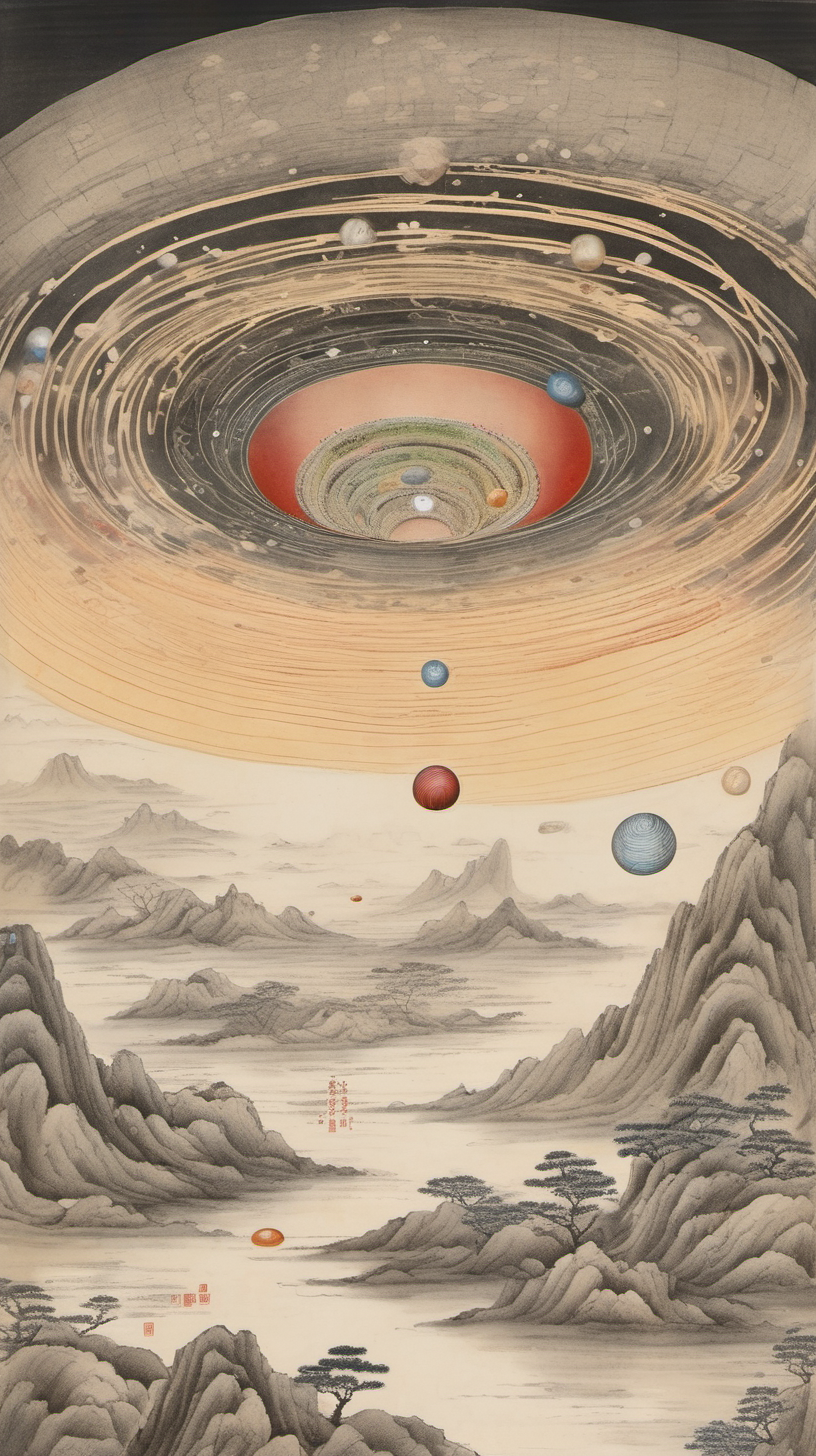 chinese gongbi drawing, with traversable wormhole, other worldly scenery, cosmos, quail eggs, jupiter color, underground, mountain
