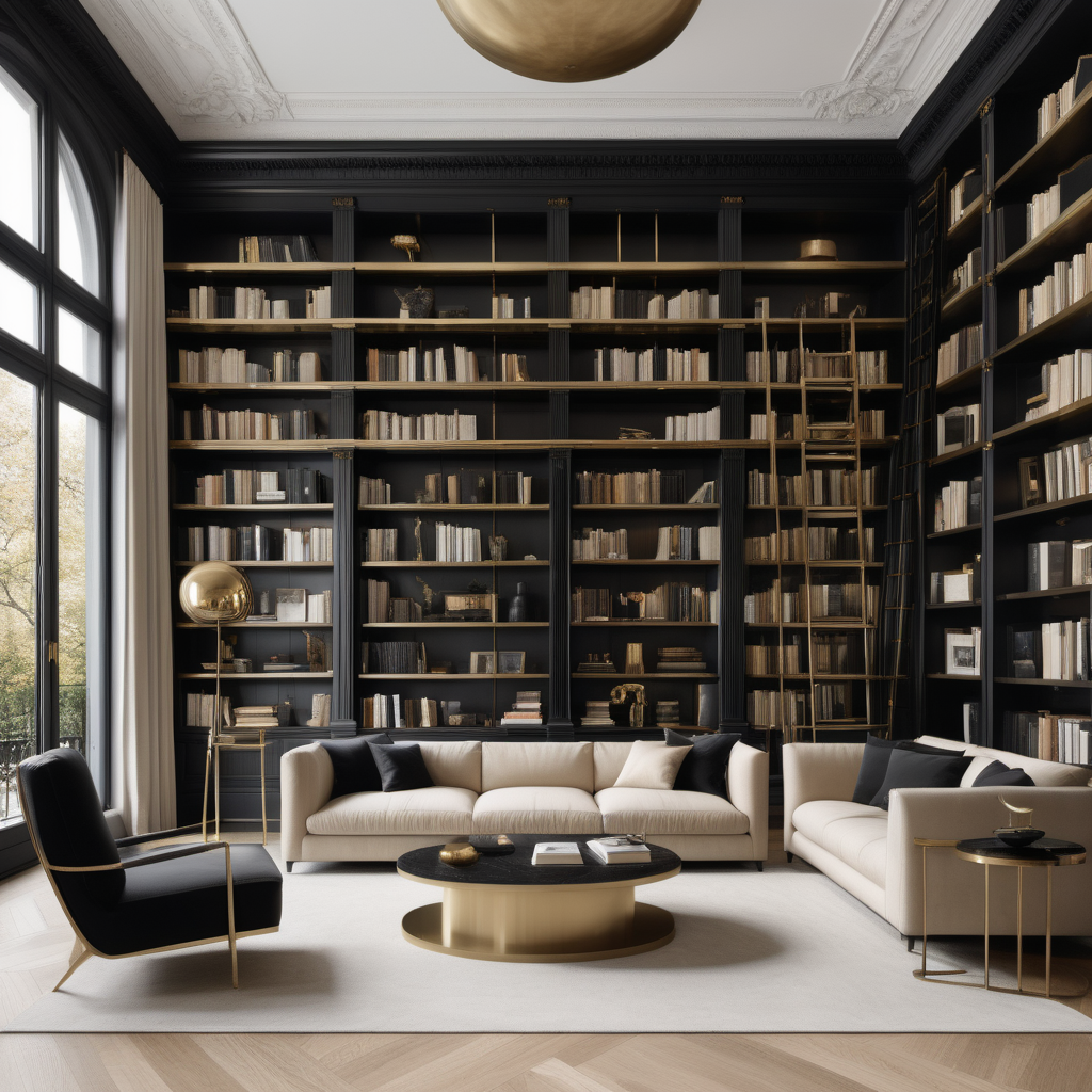 A hyperrealistic image of a grand, large,  Modern Parisian home library in a beige oak brass and black colour palette, with floor to ceiling windows, floor to ceiling bookshelves,