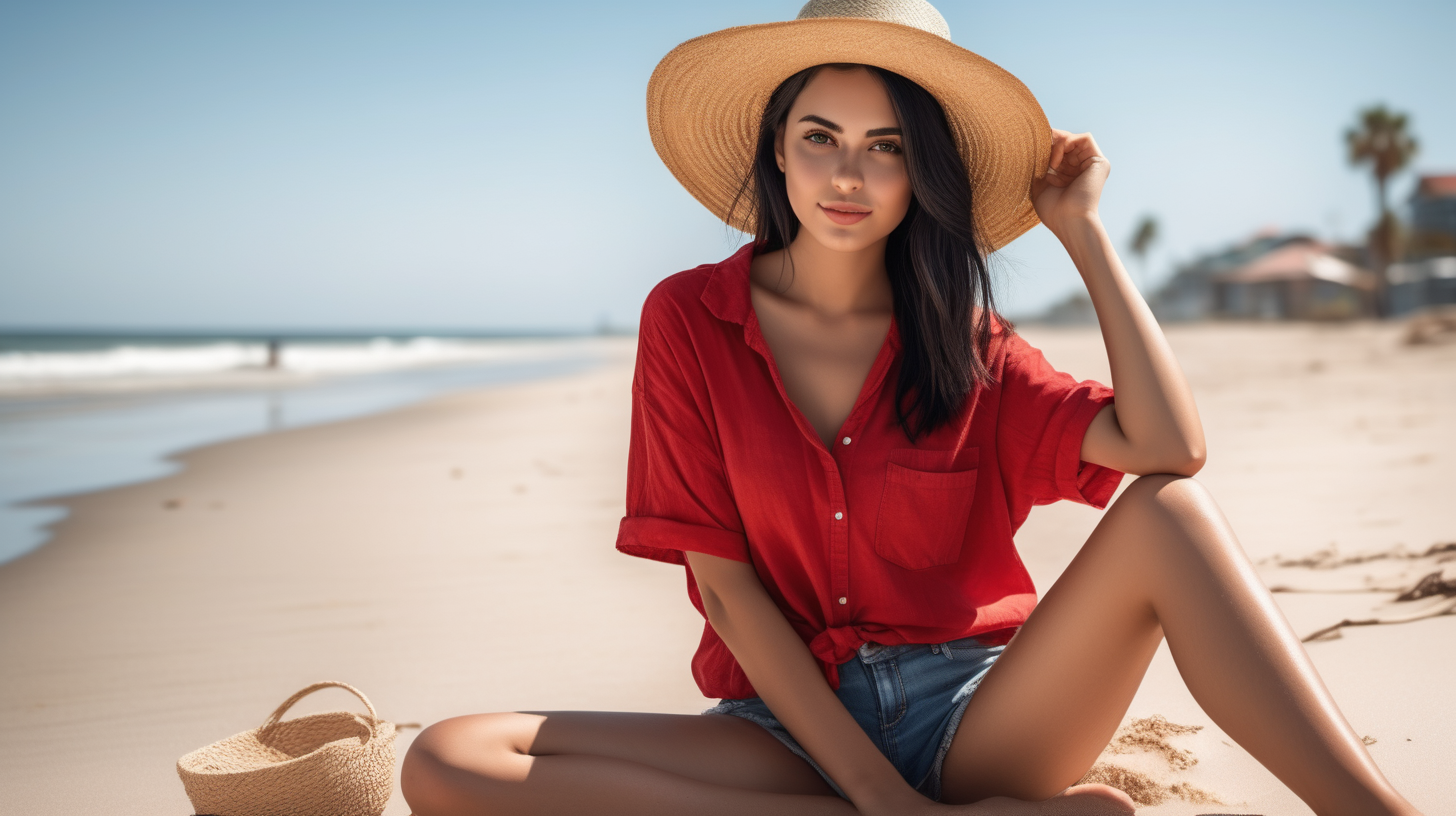 A photo of a beautiful  25 yo woman sitting on a sandy beach, wearing a straw hat and a red shirt. She is posing for the camera, sexy, and her outfit includes a pair of blue shorts. The beach setting and her attire create a relaxed and summery atmosphere. This photography is the best representation of female beauty, shiny black hair, hazel eyes, big tits. Extremely realistic textures and warm colors give the final touch. Sharp focus and realistic shadows add to the scene