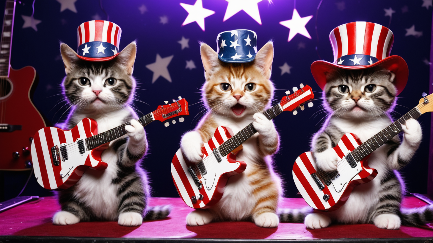 3 cats in hats playing stars and stripes guitars playing in a night club